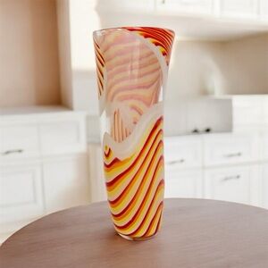 Postmodern Striped Orange Yellow Red Murano Art Glass Vase 10"